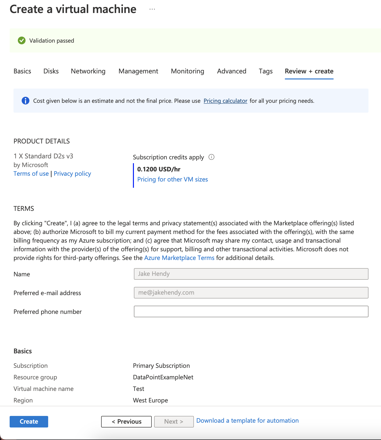 The end of the Azure Virtual Machine Creation wizard, with an option to view the template